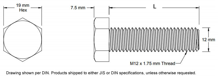 PEEK Hex Head Cap Screw M12-1.75 x 40mm